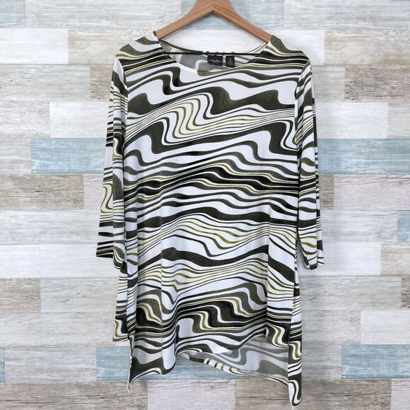 Chicos Travelers Wavy Line Tunic Top Green White Asymmetric Hem Womens Large 2 - Picture 1 of 8
